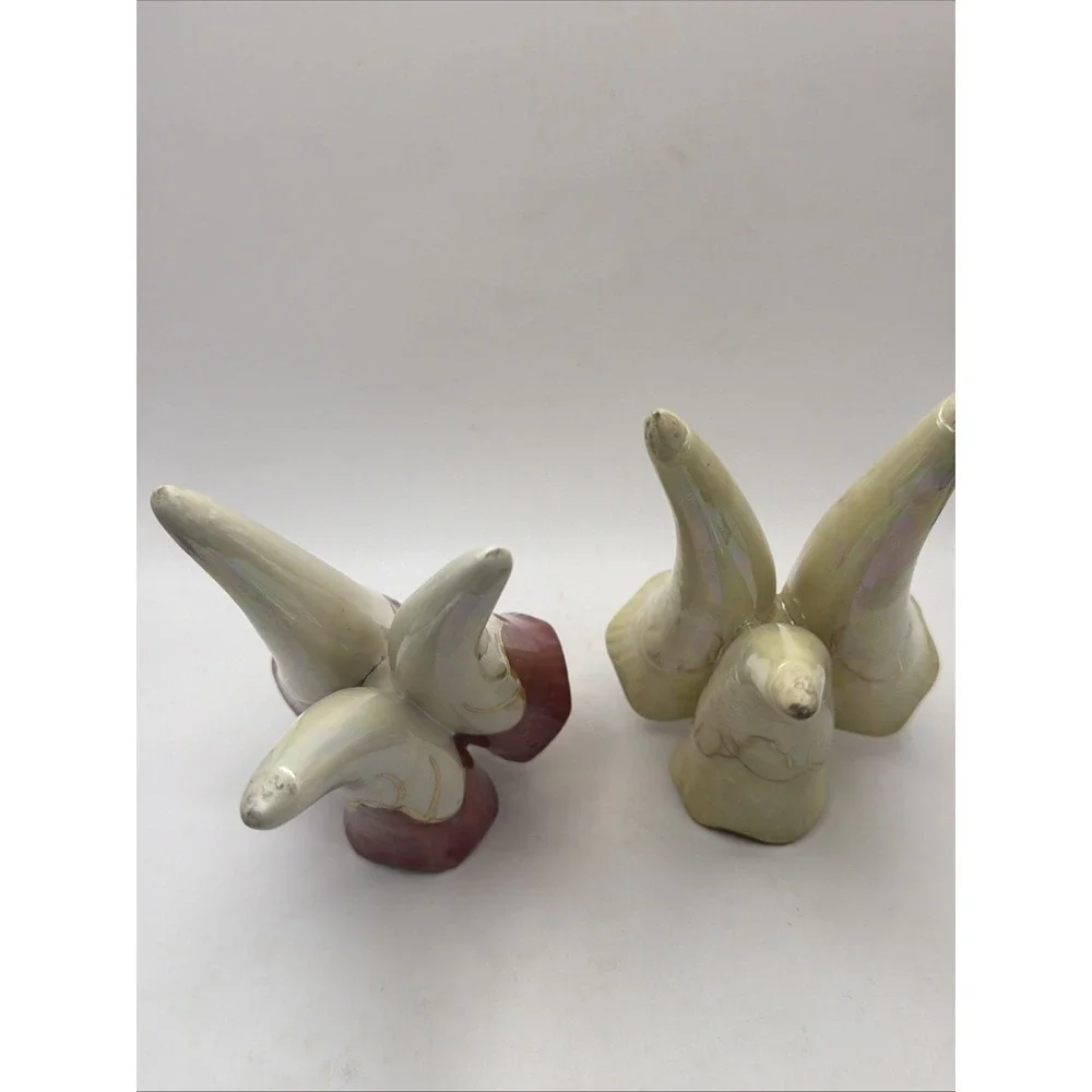 2 Japanese Lusterware 3 Horn Flower Vases Iridescent Purple Gold 6.5